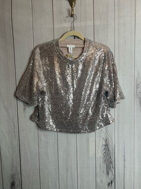H&M Rose Gold Sequin Cropped Short Sleeve Top